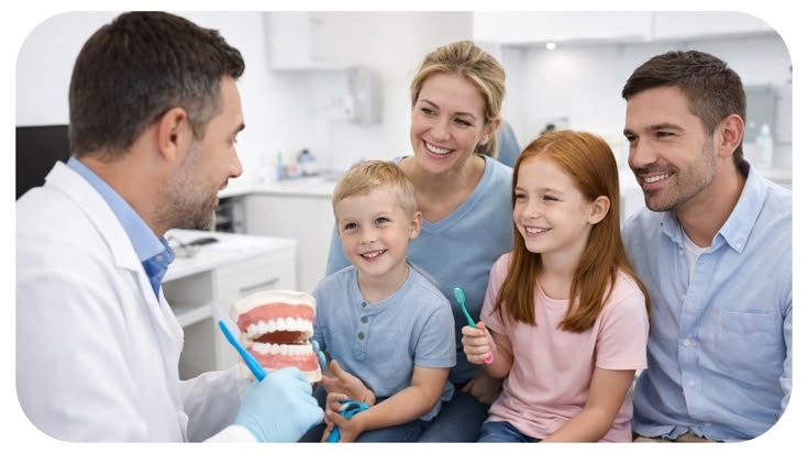 Dentist speaking with a family and children during a dental visit